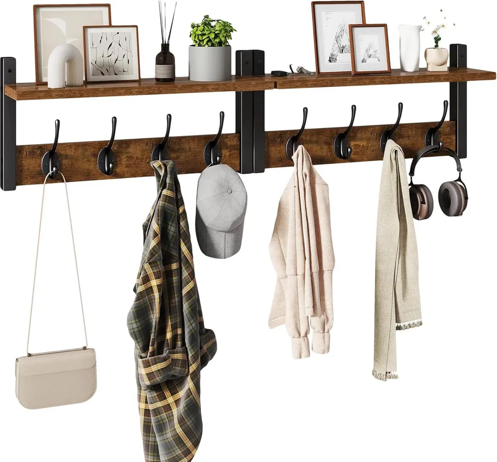 Portemanteau mural avec étagère marron - Set de 2 patères fonctionnelles