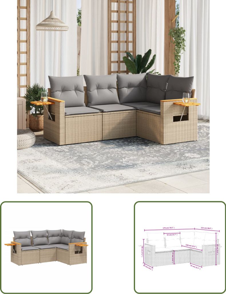 The Living Store 4-tlg. Garten-Sofagarnitur mit Kissen Beige Poly Rattan