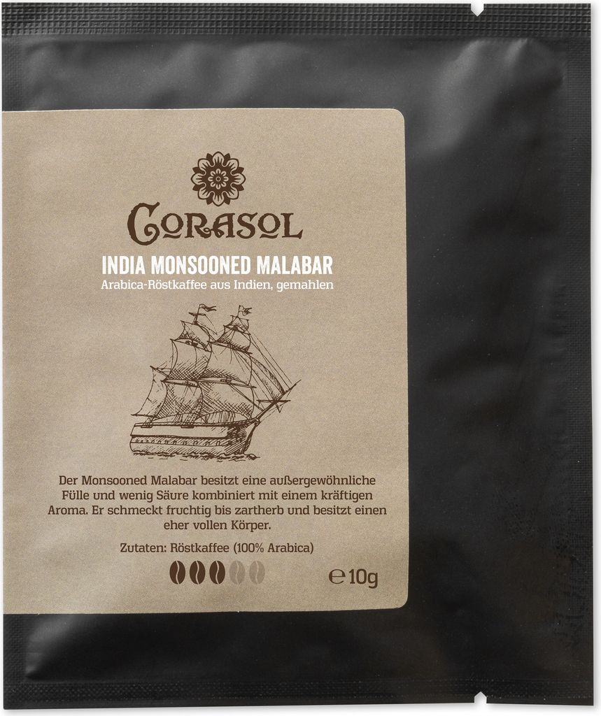 Corasol India Monsooned Malabar Arabica-Röstkaffee aus Indien, gemahlen (10 g im Coffeebag)