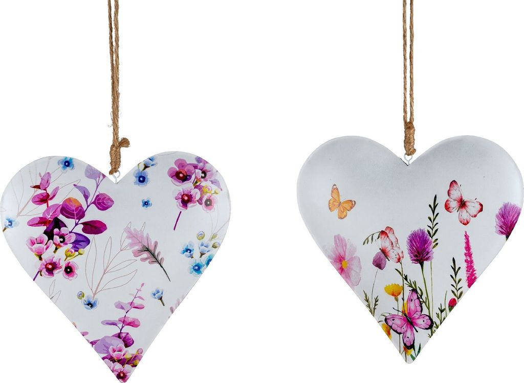 2er Set Dekohänger Herzen WILDBLUMEN D. 15cm weiß bunt Metall Formano F25