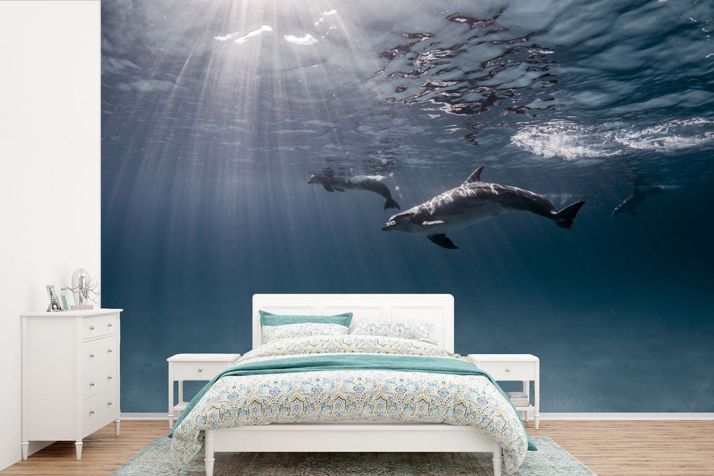 MuchoWow Fototapete für Wohnzimmer oder Schlafzimmer Wandtapete Vinyl Motivtapete Delfin - Sonne - Meer - 360x240 cm - Vinyl-Tapete