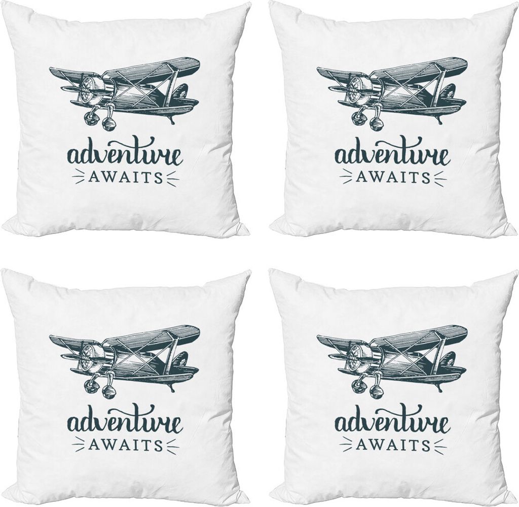 ABAKUHAUS Sprichwort Kissenbezug Set (4 Stück), Retro-Flugzeug und Worte, Moderner Doppelseitiger Digitaldruck, 40 cm x 40 cm, Dunkel Petrol Blau ...