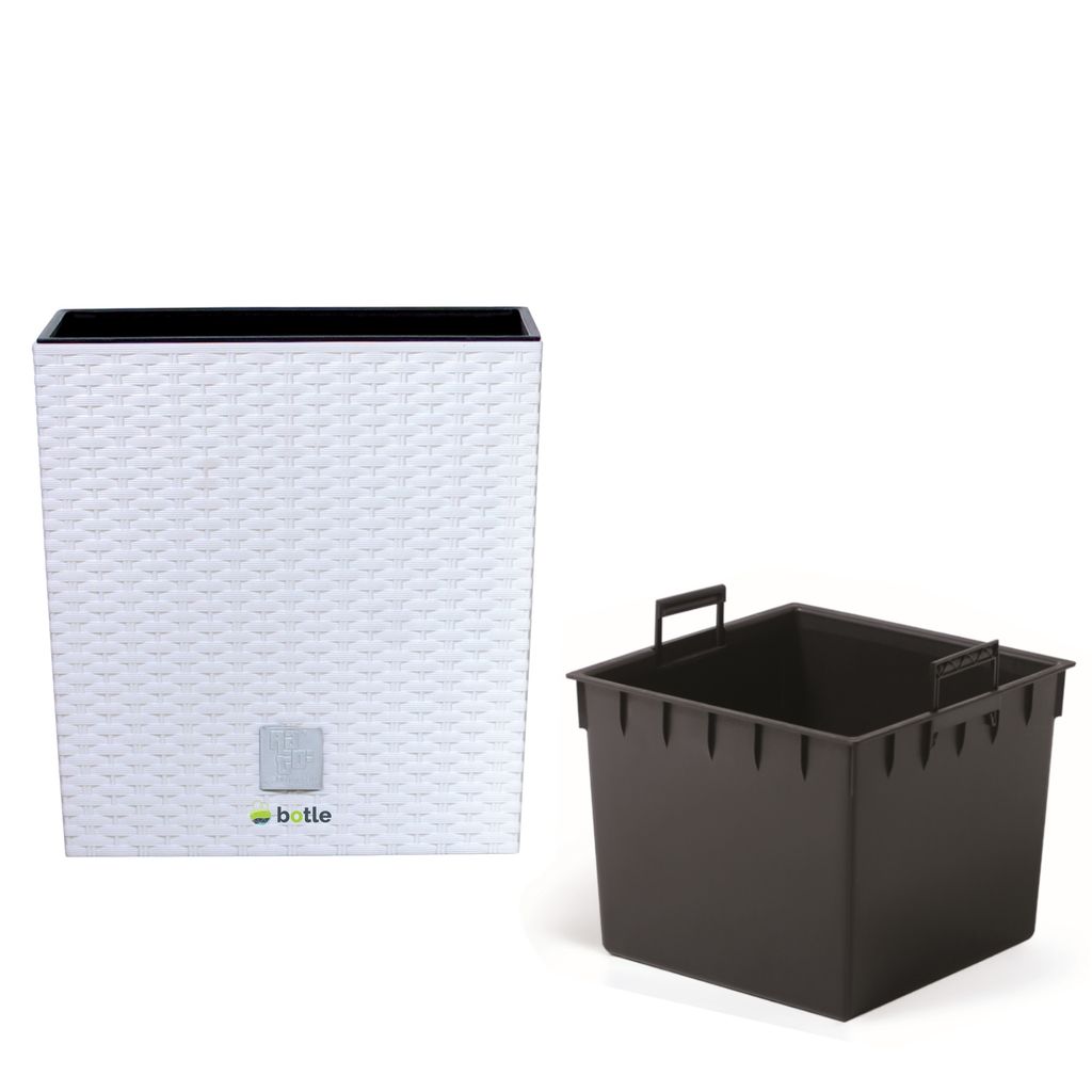 Blumenkübel 32 L Rattan-Optik Weiss Pflanzkübel h. 32,5 cm mit Innenkasten 21 L quadratisch Übertopf aus Kunststoff