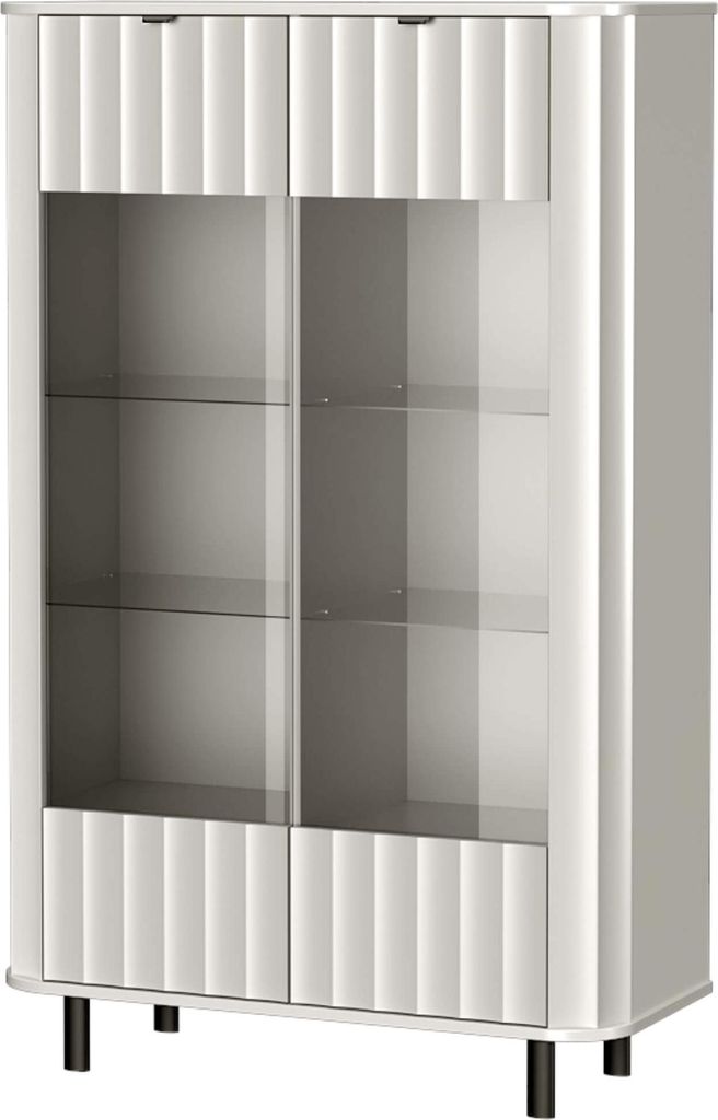Belmy Vitrine weiß 155 cm VELANO – modern Glasvitrine 2 Türen Rillenfronten
