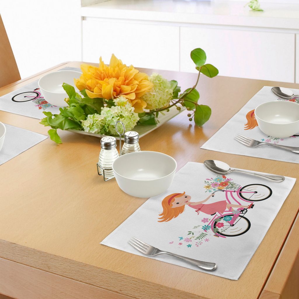 ABAKUHAUS Kinder Platzmatten, Glückliches kleines Mädchen mit Blumenstrauß EIN Fahrrad-Nette Kindheitstätigkeit fahrend, Tiscjdeco aus Farbfest...