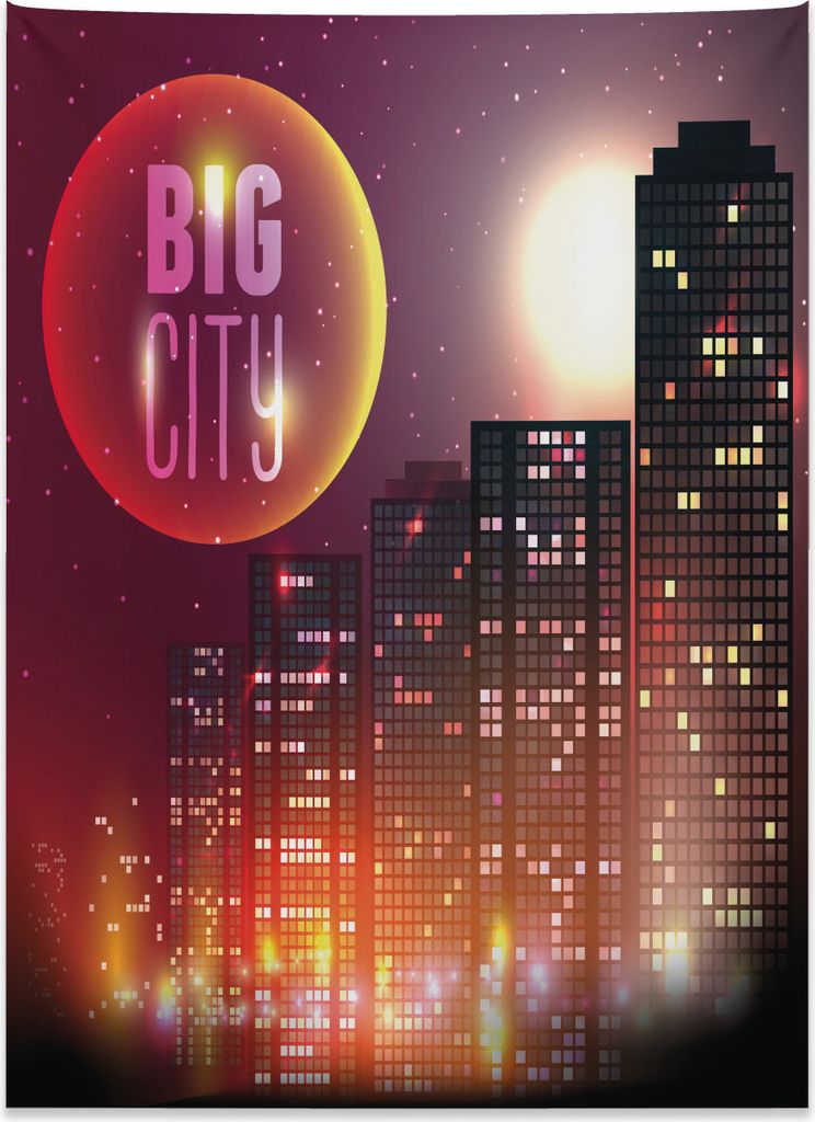 Abakuhaus Modern Wandteppich, Urban City Nacht Skyline aus Weiches Mikrofaser Stoff Kein Verblassen Klare Farben Waschbar, 110 x 150 cm, Mehrfarbig