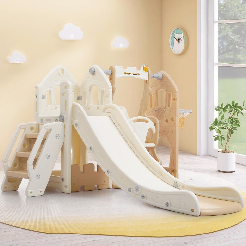 5-in-1 PP-Rutsche für Kinder von 3-8 Jahren, Schaukel, Rutsche, Klettergerüst, Stauraum, Basketballkorb, Antikrosa
