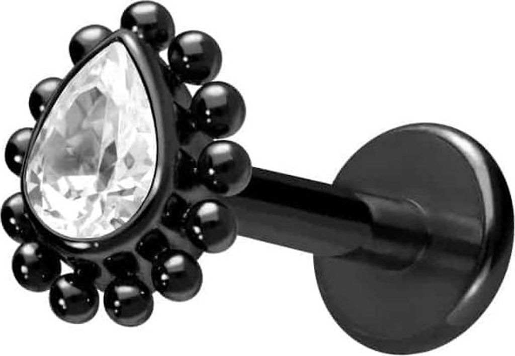 Ohrpiercing, Nasenpiercing Titan Labret mit Innengewinde KRISTALLTROPFEN + KUGELN Schwarz Stablänge: 7mm | Stabstärke: 1,6mm