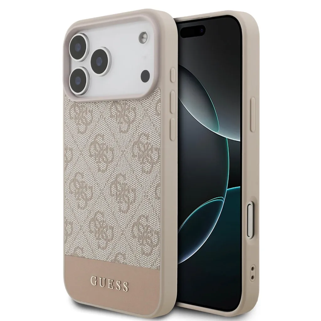 Custodia iPhone 17 Pro Guess Classic in ecopelle rosa con logo color oro