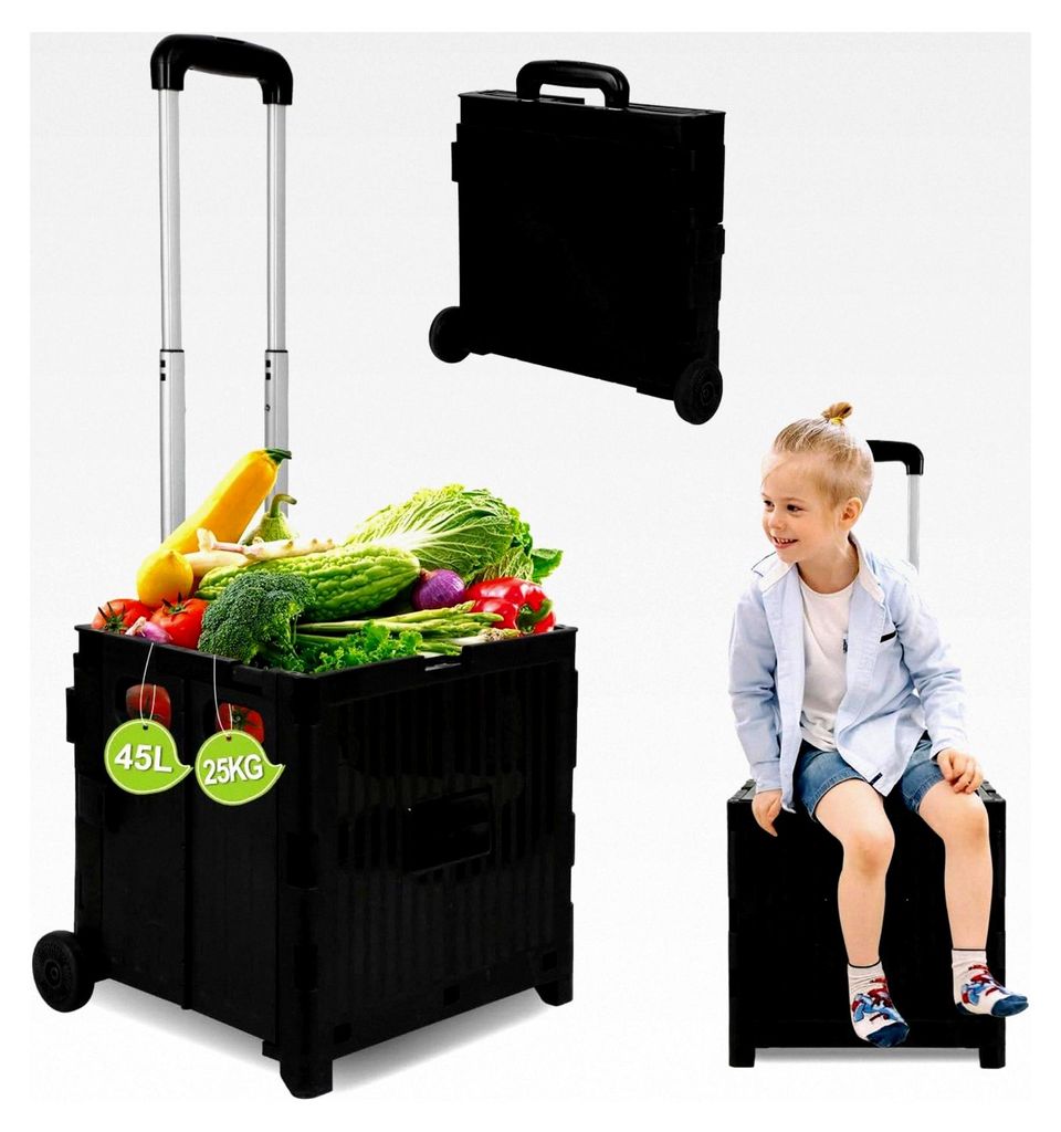 Klappbarer Einkaufswagen 50L mit 360° Lenkrädern und Feststellbremse, 4-Rad Trolley, höhenverstellbar, 55 kg Traglast, faltbar für den Transpor...