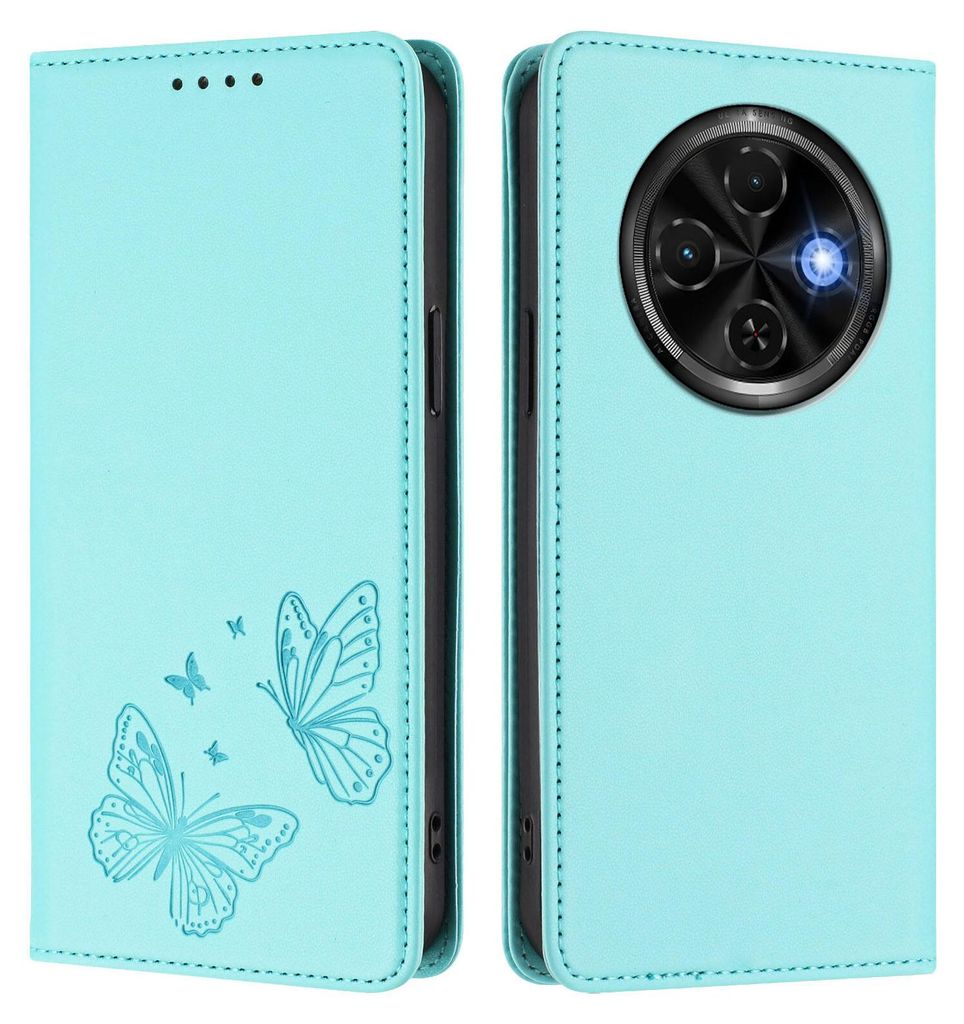 Lederhülle für Tecno Spark 30C 4G, Schmetterling Prägung Leder Brieftasche Schutzhülle mit Ständer Türkis