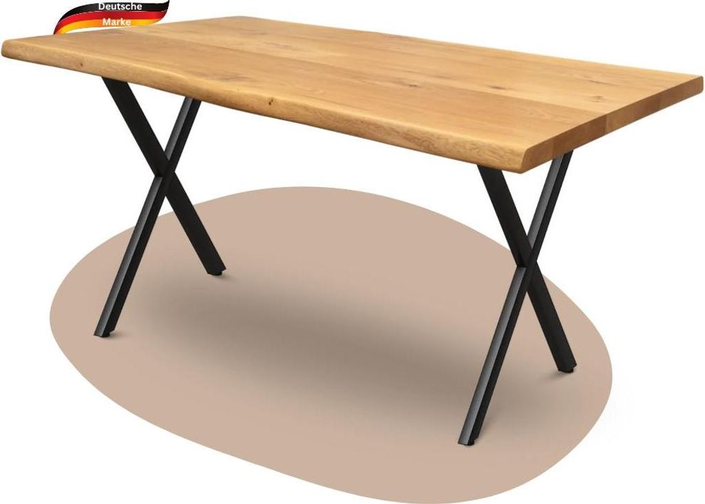 DELUKE Massivholz Esstisch mit Baumkante KEANU - 160x80cm, Eichenholz, X Gestell | Wohnzimmertisch Küchentisch Esszimmertisch