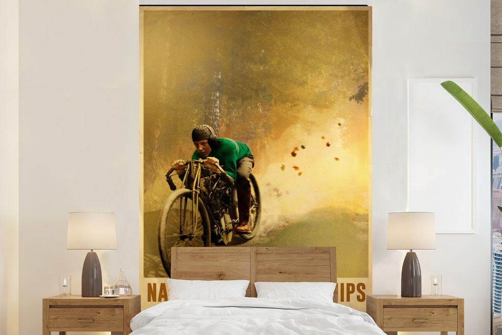 MuchoWow Fototapete für Wohnzimmer oder Schlafzimmer Wandtapete Vinyl Motivtapete Mancave - Motorrad - Vintage - Rennen - 225x350 cm - Schlafzim...