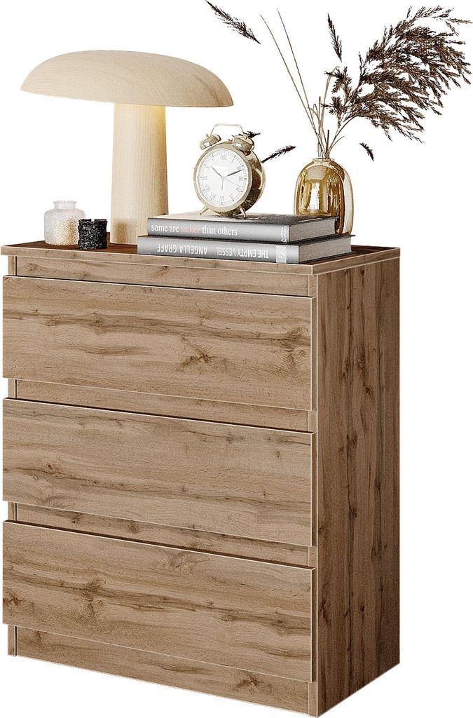 Nachttisch Wotan Eiche mit 3 Schubladen – Moderne Nachtkommode für das Schlafzimmer – Minimalistischer Nachtschrank – Kompakt & platzsparend...