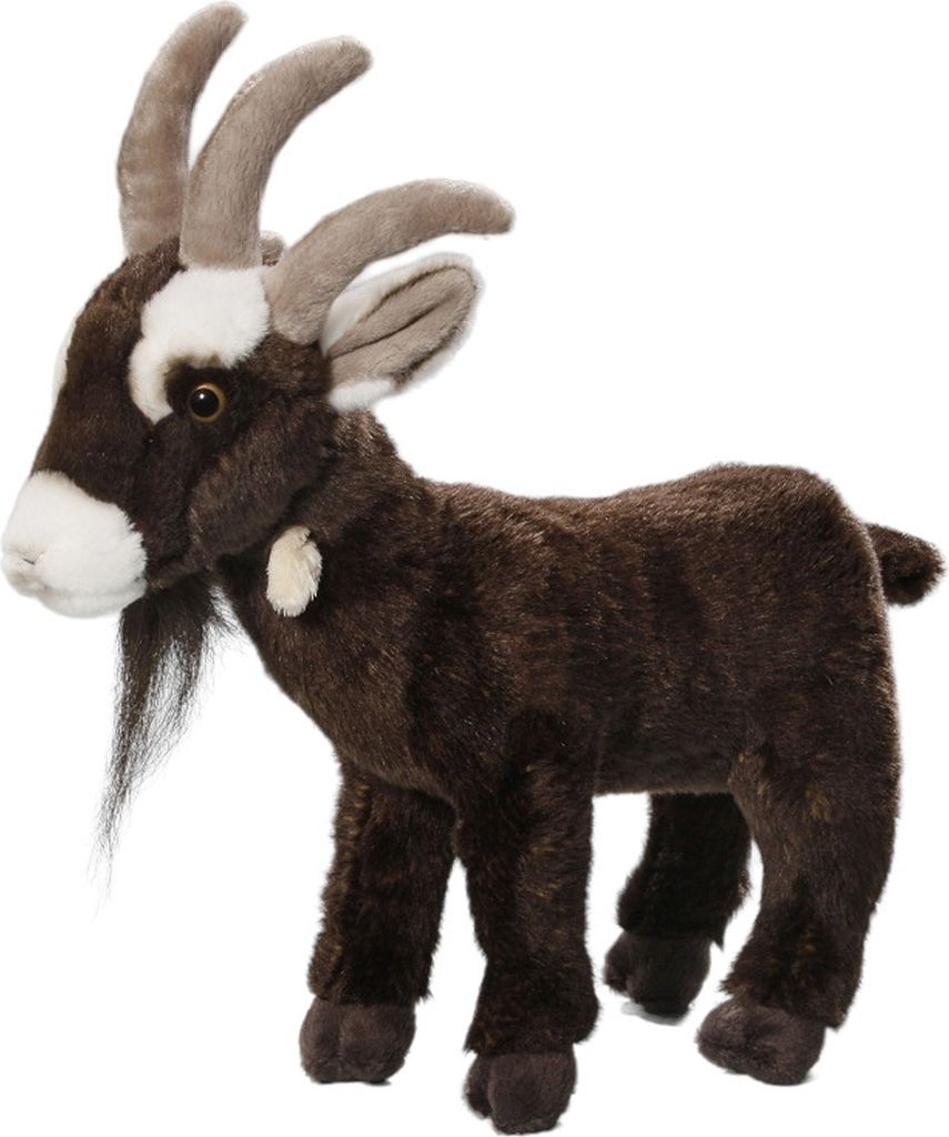 A stuffed toy goat is shown standing against a white background.