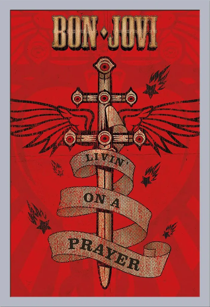 Affiche de Musique Encadrée Bon Jovi Poster avec Cadre Argenté Maxi MDF