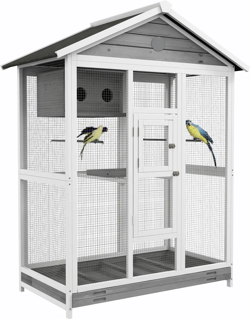 Volière en bois PawHut grande cage oiseaux avec 4 perchoirs 112x68x154 cm