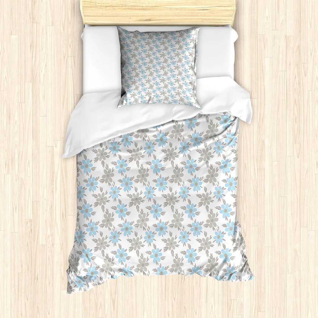 Set copripiumino ABAKUHAUS, Flora estiva Astratto Fiori blu-grigio e foglioline, 135 x 200 cm + 80 x 80 cm, azzurro e bianco