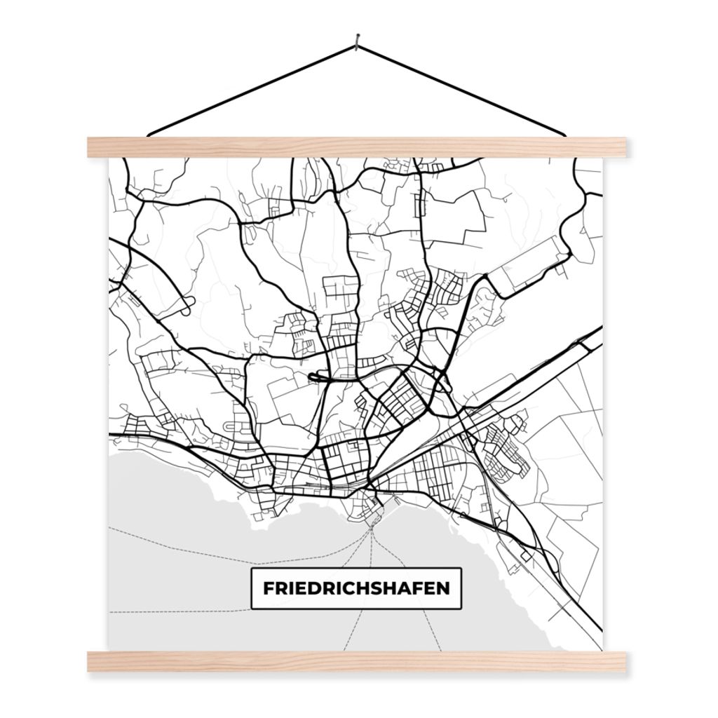 MuchoWow Textilposter Karte - Friedrichshafen - Karte - Stadtplan 120x120 cm mit holzfarbenen Rahmen - Textil-Poster