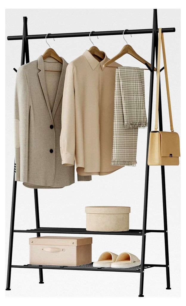 Stabiler Kleiderständer mit Schuhablage und Haken, Garderobenständer mit Kleiderstange aus Metall in Schwarz