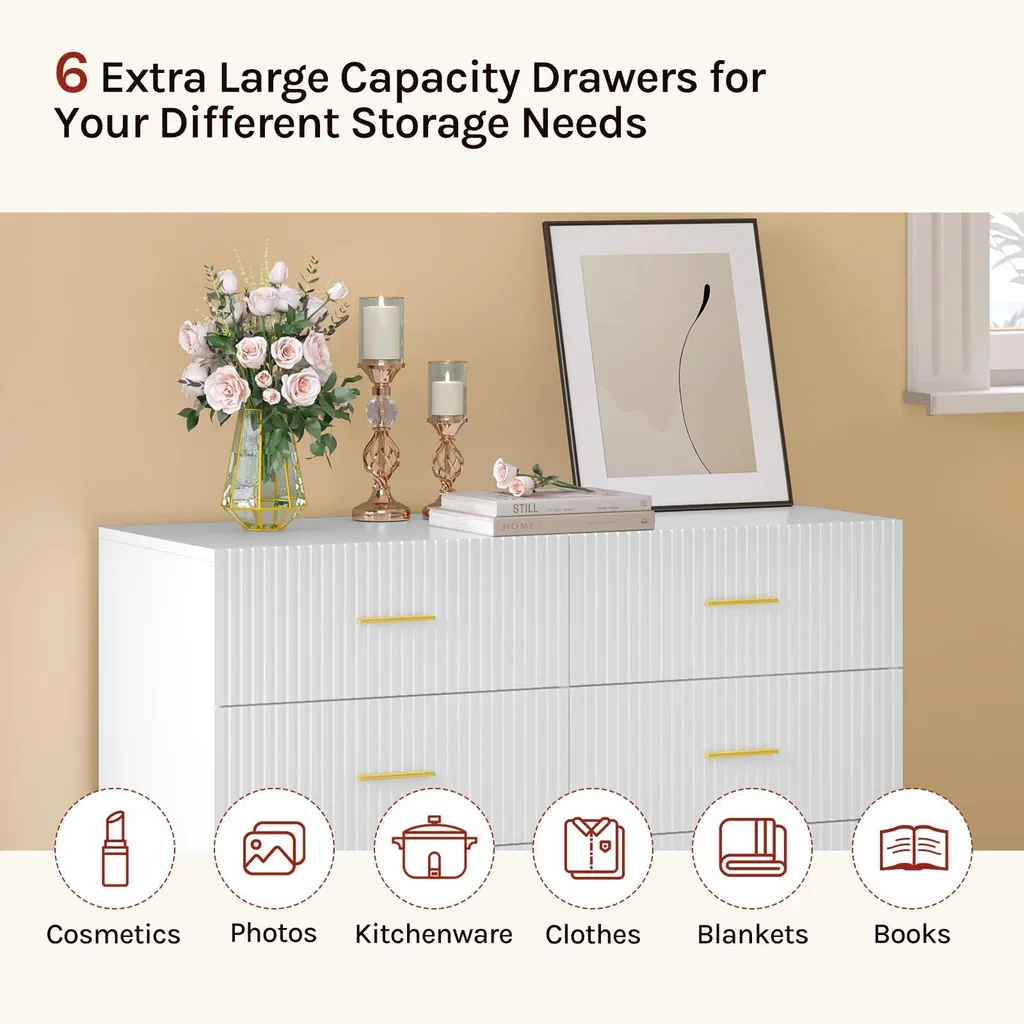 Meuble de rangement blanc 6 tiroirs avec finitions dorées luxueuses