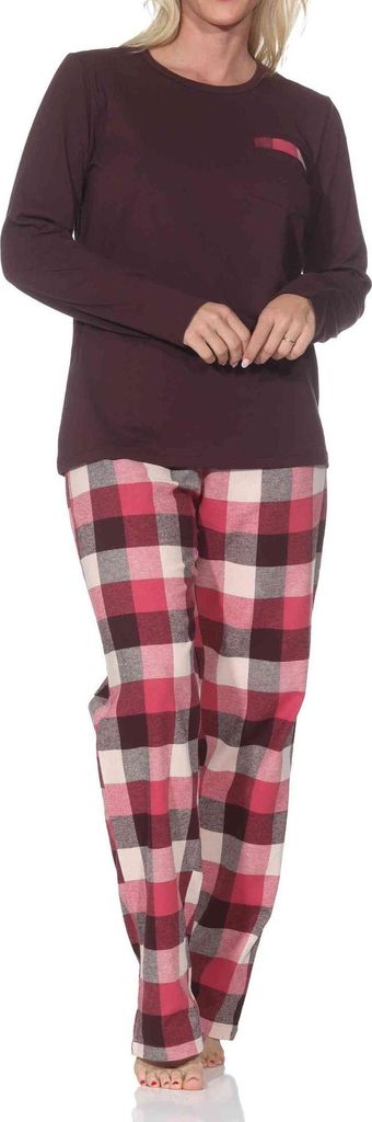 Normann Damen Schlafanzug lang Pyjama mit karierter Flanell Schlafhose ; beere , 44