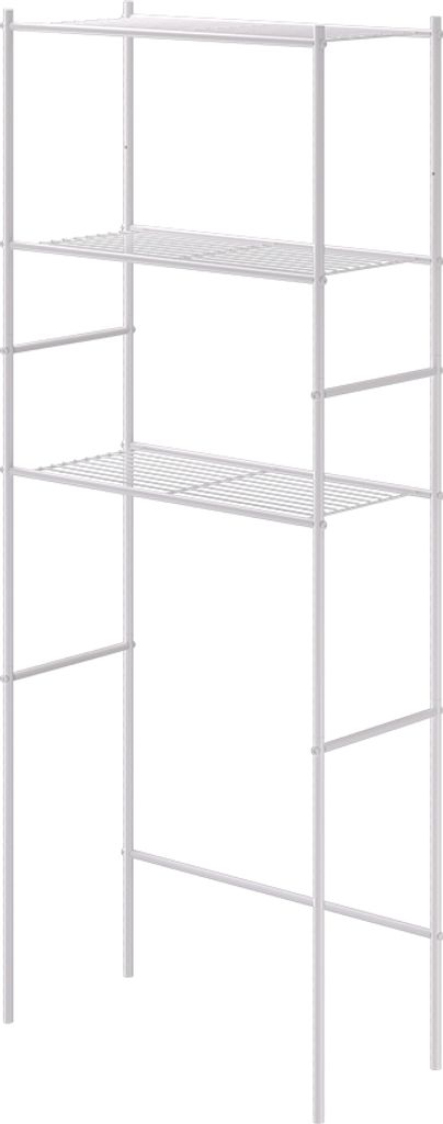 A white metal shelving unit, likely for a washing machine.