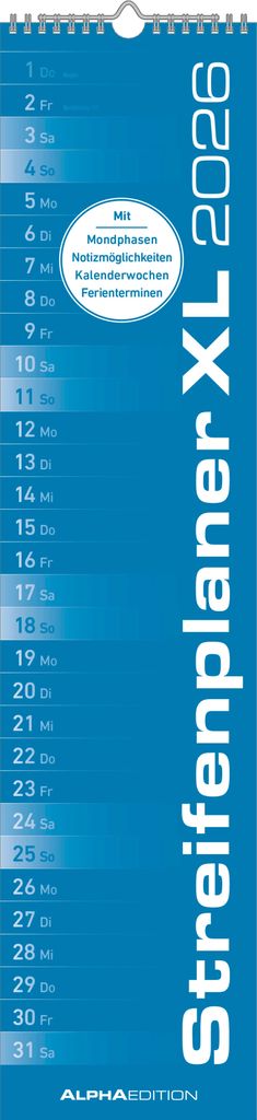 Alpha Edition - Streifenplaner XL Blau Kalender 2026 - 15x64 cm - Schmaler Wandplaner - Einspaltiger Langplaner für Küche, Büro & Haushalt - Mit...