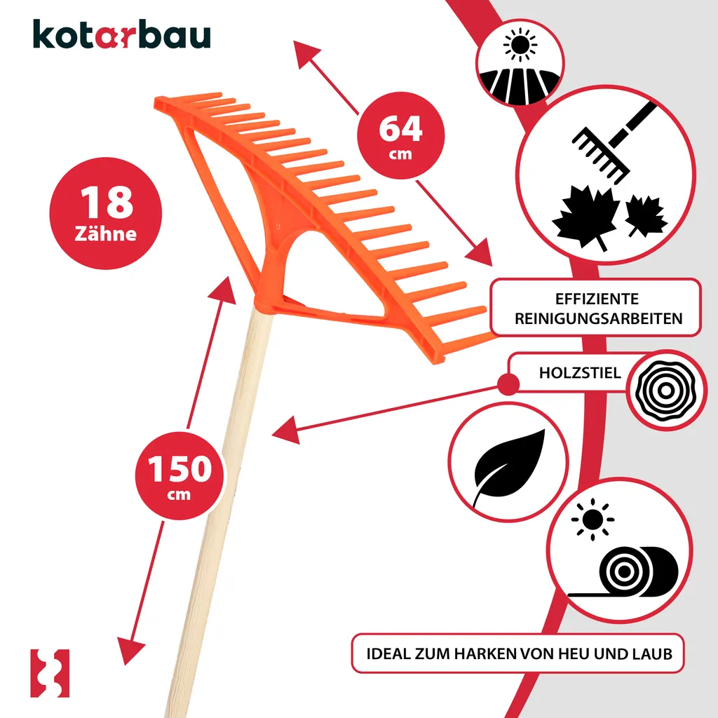KOTARBAU® Rastrello per foglie in plastica con manico 150 cm | 18 denti L: 64 cm | Rastrello arancione Rastrello per fieno Rastrello per prato largo Rastrello per prato da giardino Rastrello per erba Rastrello per foglie Plastica - Rastrello per foglie - 4