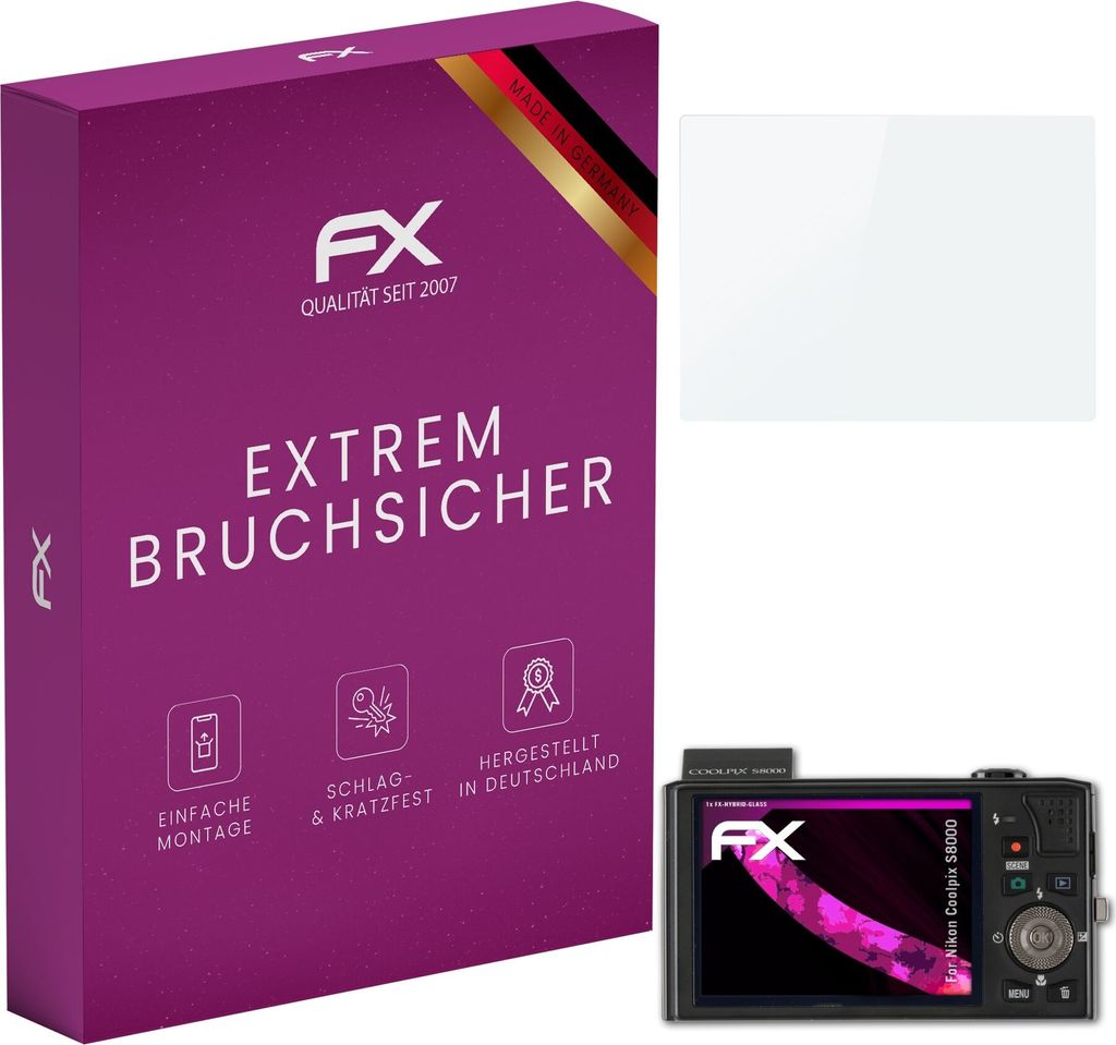 atFoliX FX-Hybrid-Glass Displayfolie kompatibel mit Nikon Coolpix S8000 Glasfolie