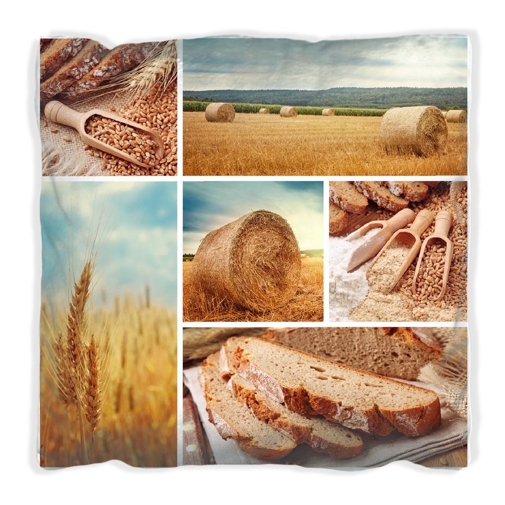 Wallario Premium Kissen, weiche Oberfläche, mit Motiv Weizen und Mehl Vom Korn zum Brot, Größe: 60 x 60 cm, mit weißer Rückseite