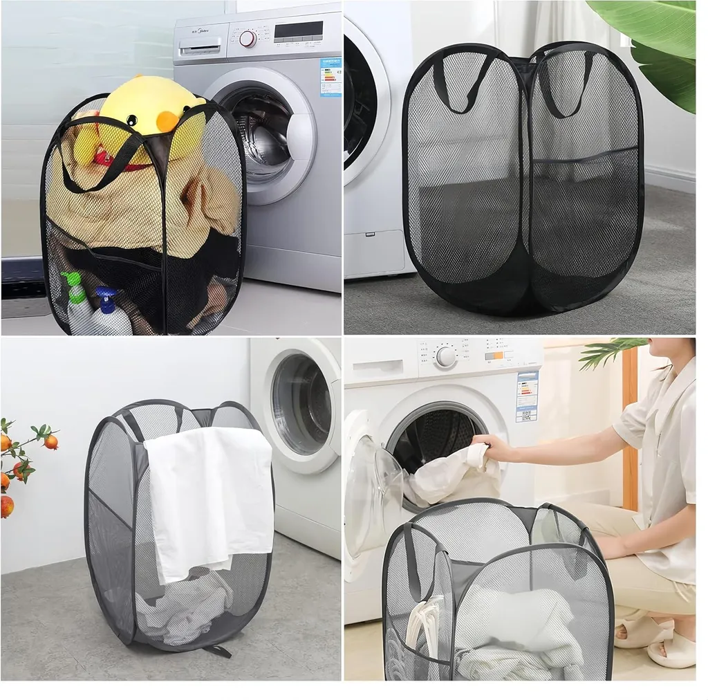 Paniers à linge pliables avec poignées - Lot de 2 en filet noir respirant