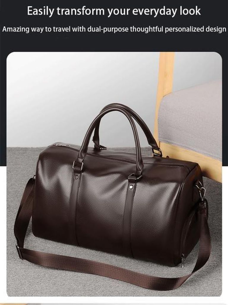 Vintage-Reisetasche aus Kunstleder für Herren, Sporttasche, Wochenendtasche für Camping und Wandern, Gepäck mit Schuhbeutel