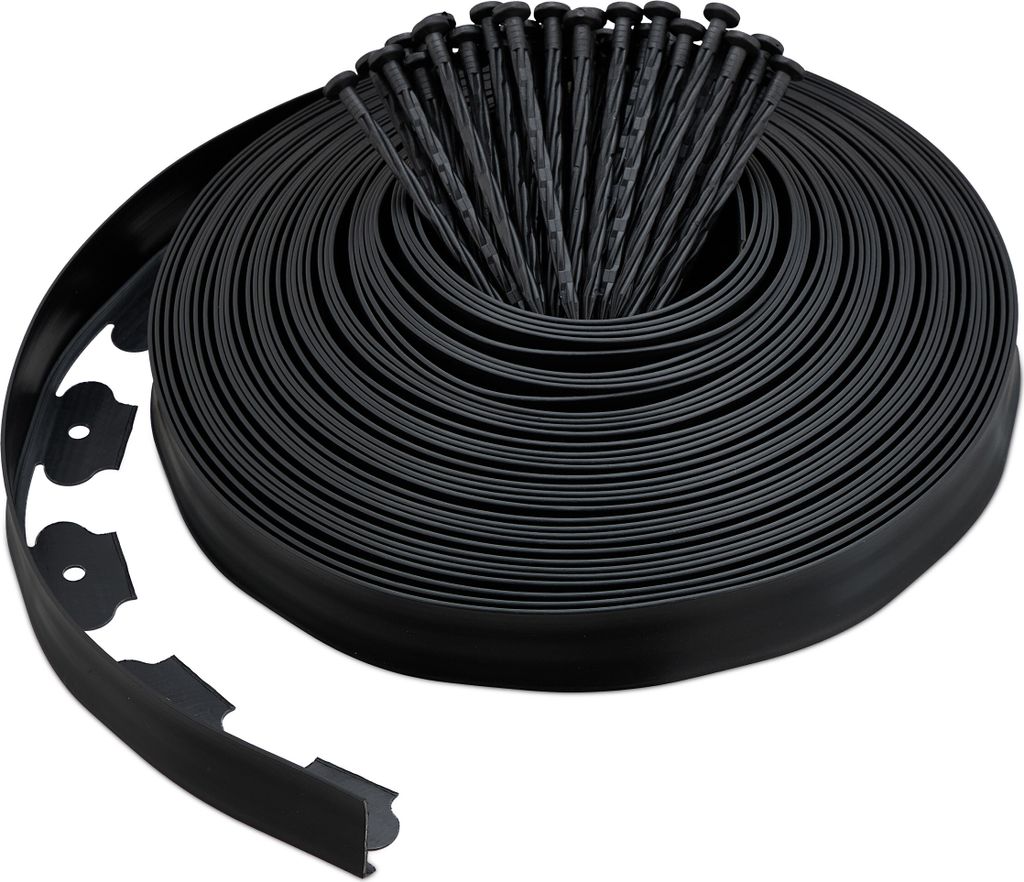 Relaxdays Rasenkante 30 m, H: 5 cm, 90 Erdanker, Beeteinfassung & Wegumrandung, flexibles Rasenband, Kunststoff, schwarz
