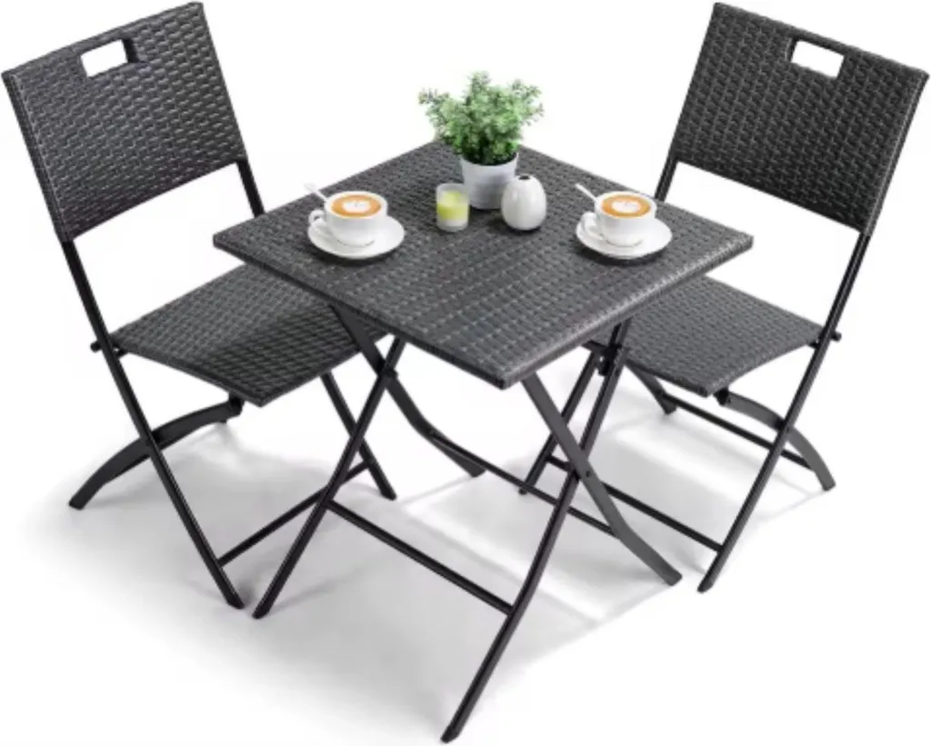 Set de table pliante d'extérieur 3 pièces en rotan gris foncé et métal