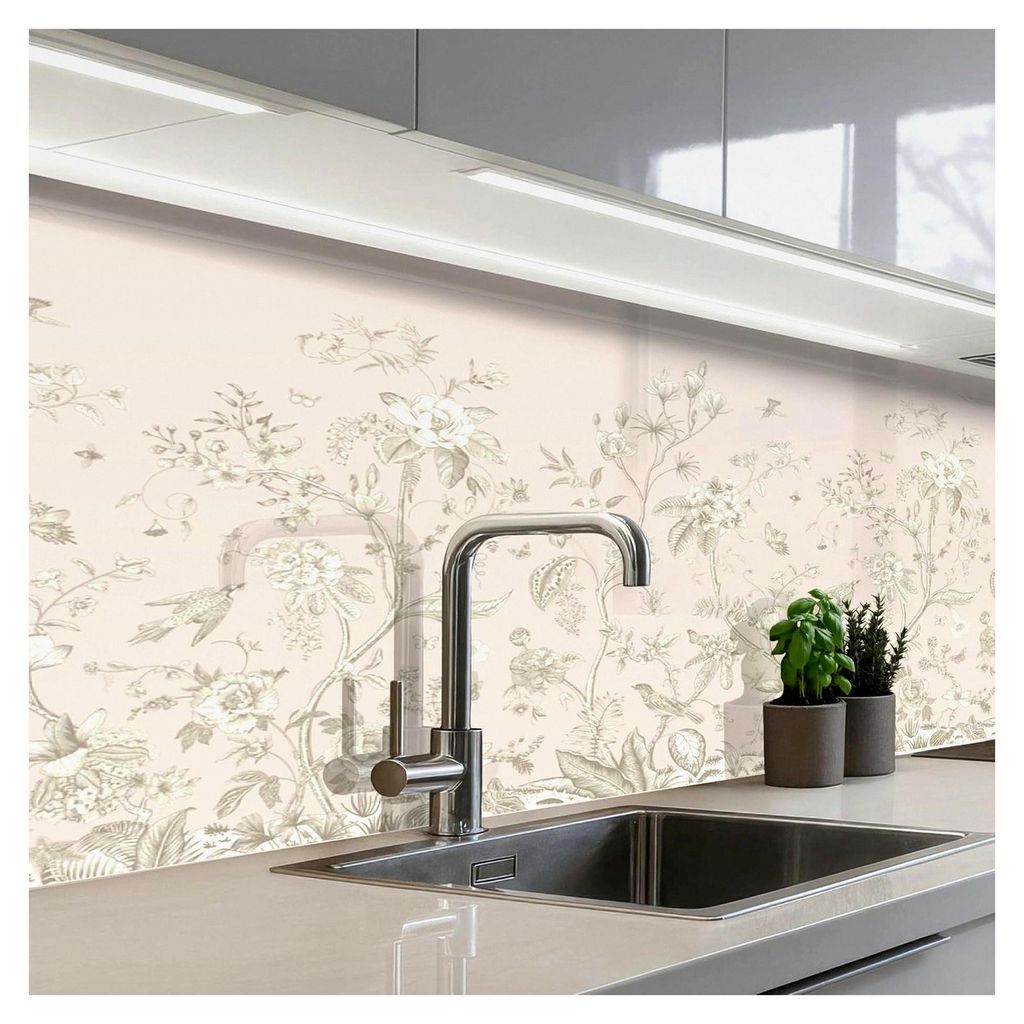 Selbstklebende Küchenrückwand 60x150 cm Küchenspritzschutz Wandschutz Ohne Bohren Wandverkleidung Blumen - Botanisch - Beige - Vintage