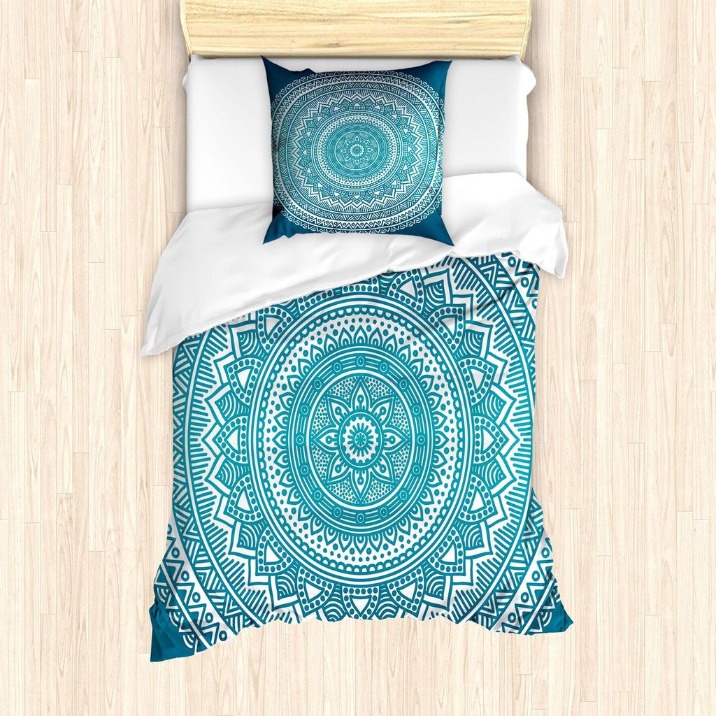 ABAKUHAUS Turquoise Ombre Bettbezug Set, Blumen Inspiriertes Dreiecken Geometrische Motiven Illustration, 135 x 200 cm + 80 x 80 cm, Türkis