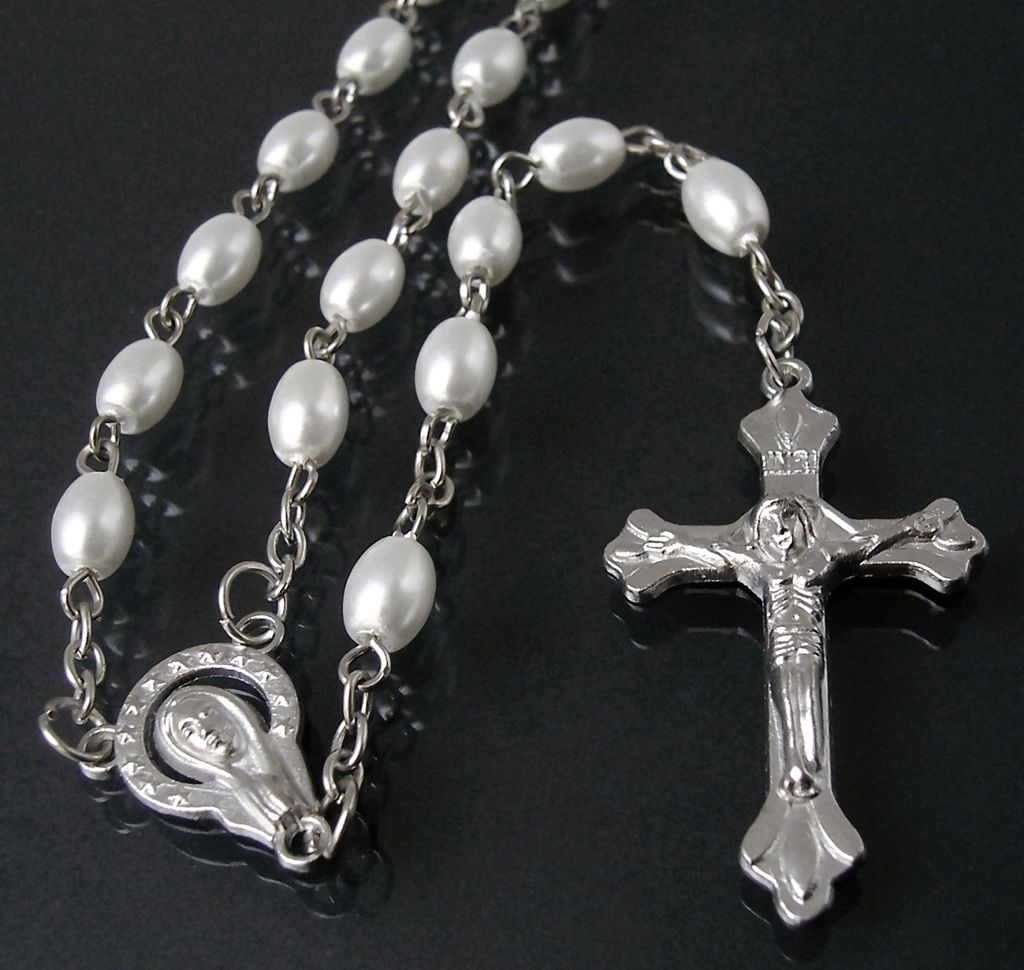 Rosenkranz Halskette Kreuzkette Kette Gebetskette Plastik Kunststoff weiss weiß 