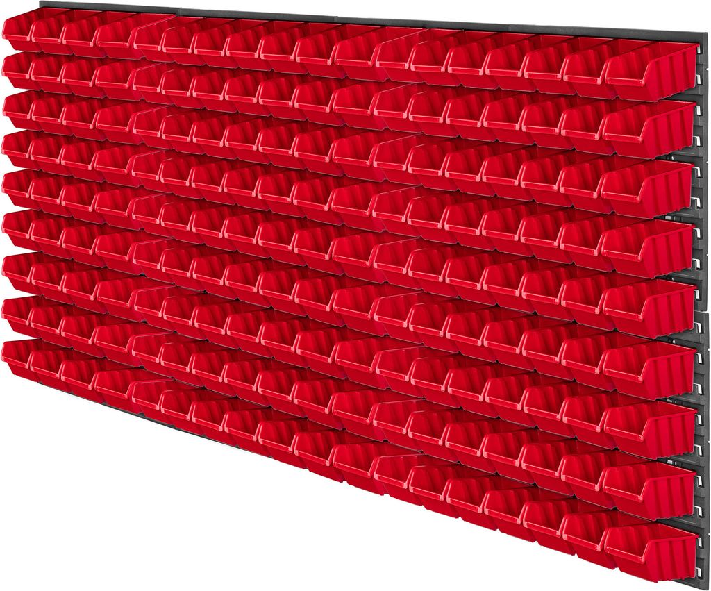 A wall-mounted storage system filled with red bins.
