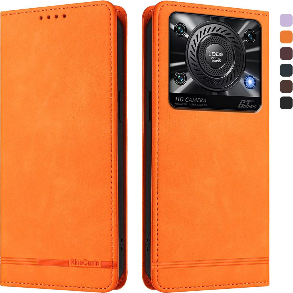 Hülle für Oukitel C60, Retro Kunstleder Ständer Klapphülle mit Kartenfächer und Magnetische Orange