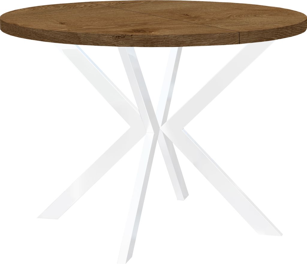 Runder Ausziehbarer Tisch für Esszimmer, ENDIK, mit Metallbeinen, Loft-Stil, Industriel, Durchmesser: 110 / 160 cm, Farbe: Eiche Lefkas / Weiß