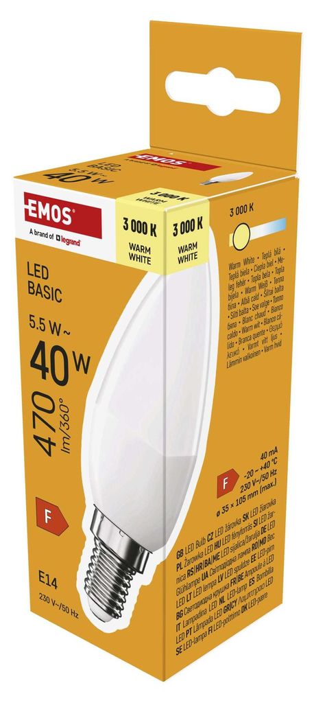 EMOS LED Lampe Candle, 5,5W Ersatz für 40W Glühbirne, E14 Sockel, Helligkeit 470 Lumen, Warmweiß 3000 Kelvin, 20000 St. Lebensdauer, ZL3F22