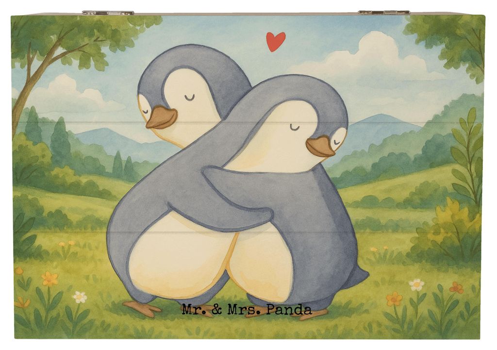 Mr. & Mrs. Panda Geschenkbox Pinguine Kuscheln Design 22 x 15 cm - Weiß - Geschenk, Holzkiste mit Deckel, Schatzkiste, Freundin, für Partner, fot...
