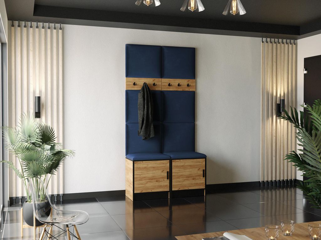 KIER FURNITURE Kleiderschrank, Goldene Eiche Craft + Stoff Blau - 106,4x205x39cm