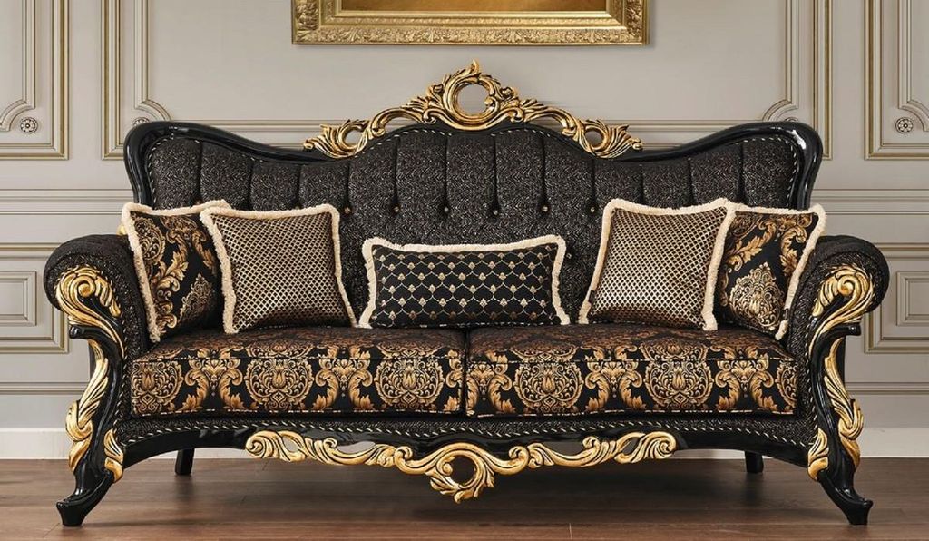 Casa Padrino Luxus Barock Sofa Schwarz / Gold 230 x 80 x H. 126 cm - Prunkvolles Wohnzimmer Sofa mit elegantem Muster und dekorativen Kissen - Baro...