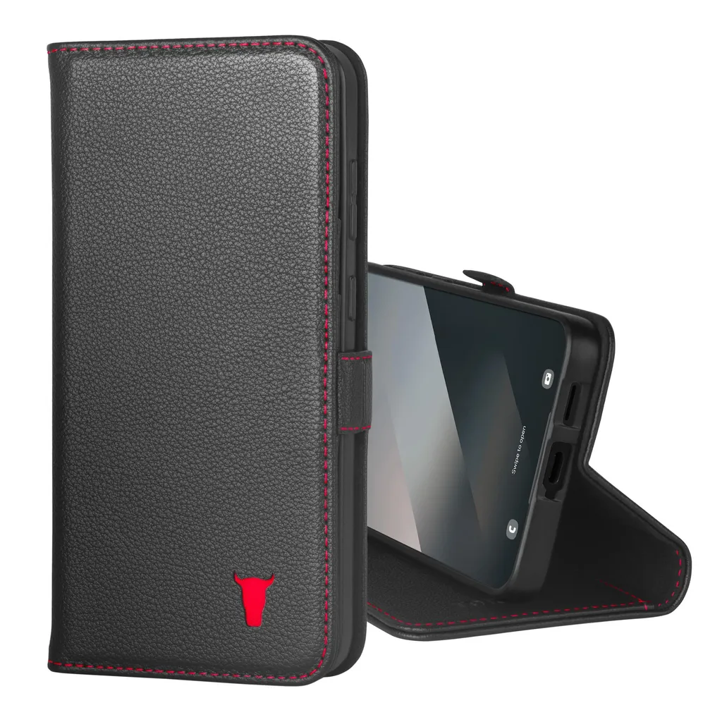 Cover TORRO Galaxy S25 FE Pelle Premium Nera/Rossa con Funzione Stand