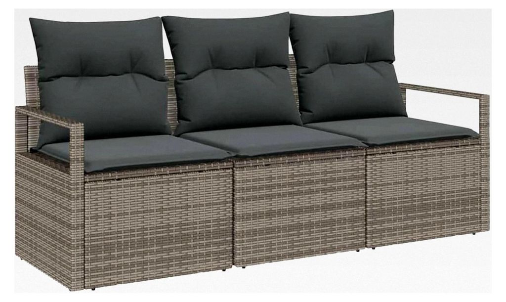 3-teiliges Garten-Sofa-Set mit Kissen in Grau aus Poly-Rattan