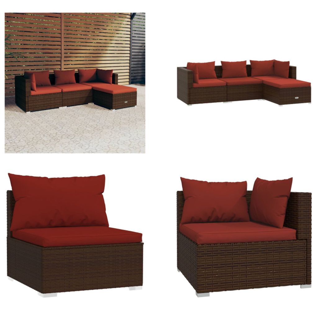 vidaXL 4 tlg. Garten Lounge Set mit Auflagen Poly Rattan Braun - Garten-Lounge-Set - Garten-Lounge-Sets - Terrassen-Lounge-Set - Gartensofa-Set