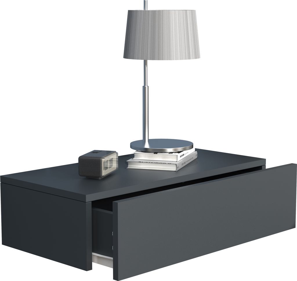 A floating nightstand with a lamp and a small electronic device on top, against a white background.