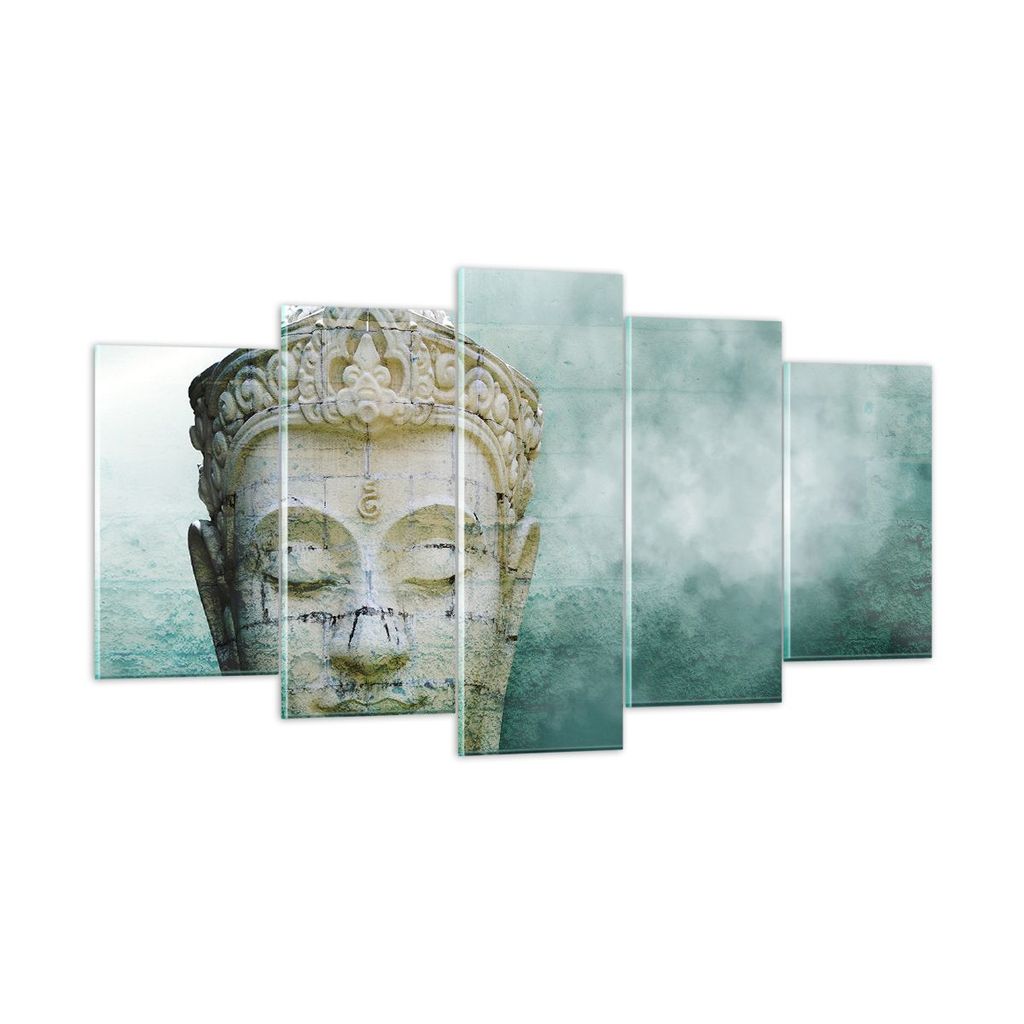 Bilder auf glas - 5 Teile - Buddha Grafik Türkis - 160x85cm - Glasbilder - Wandbilder - Bilder - zum Aufhängen bereit - Wanddekoration aus Glas -...